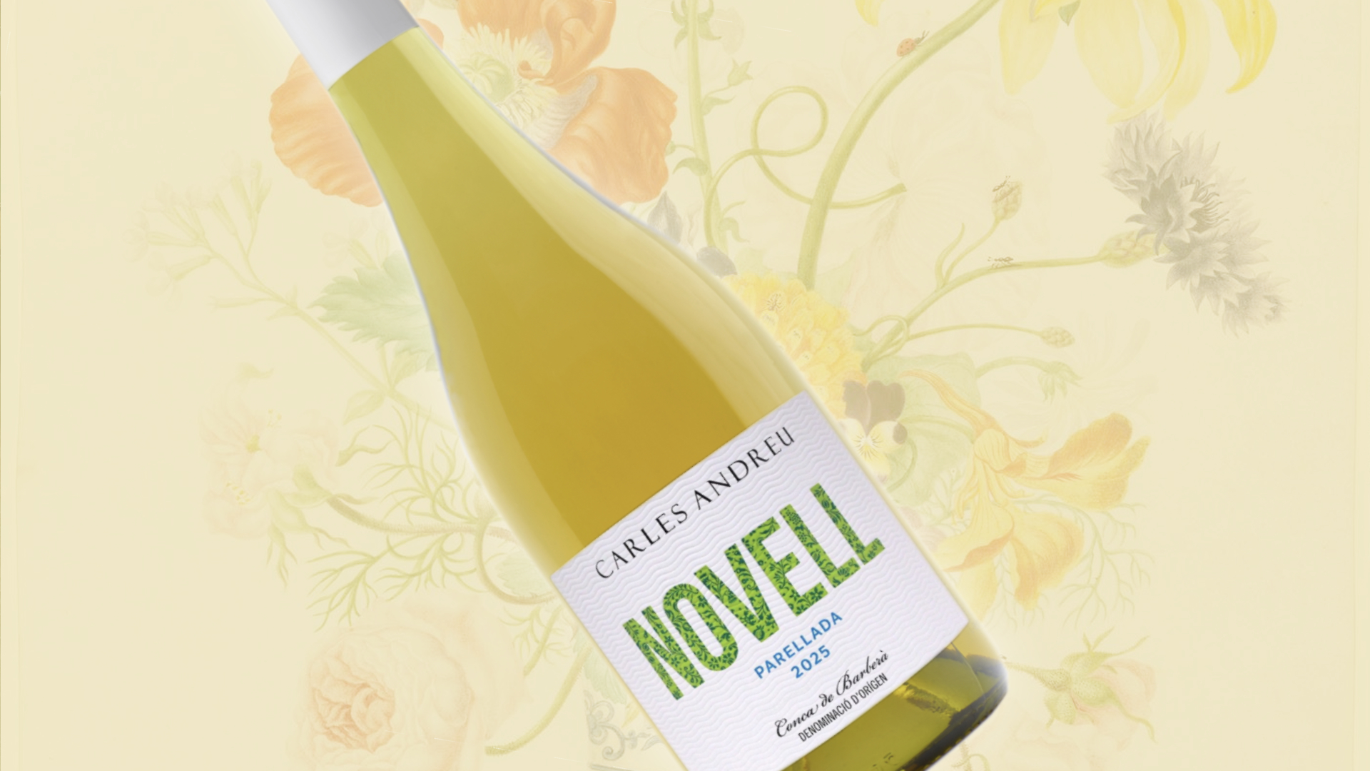 Etiqueta del vi Novell Parellada 2025, disseny de packaging per al Celler Carles Andreu