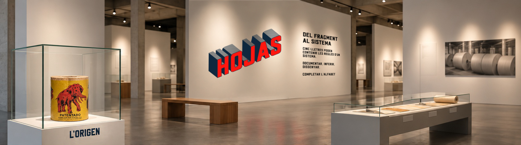 Proposta d’exposició amb HOJAS en tres dimensions a la paret principal i vitrines amb embolcalls